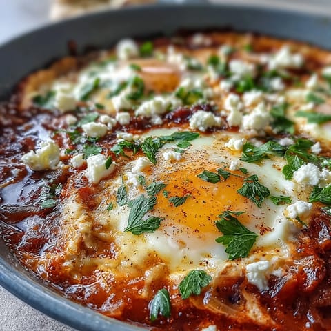 Gegartes Shakshuka mit roten Spuren, die durch die Eier laufen und warm serviert werden.