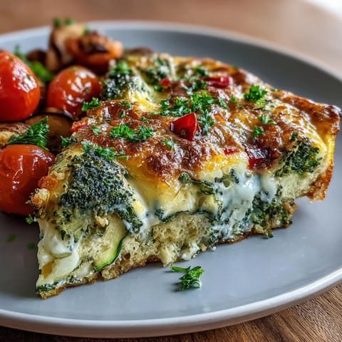 Buntes Gemüse-Frittata mit geschmolzenem Käse, bereit zum Servieren.