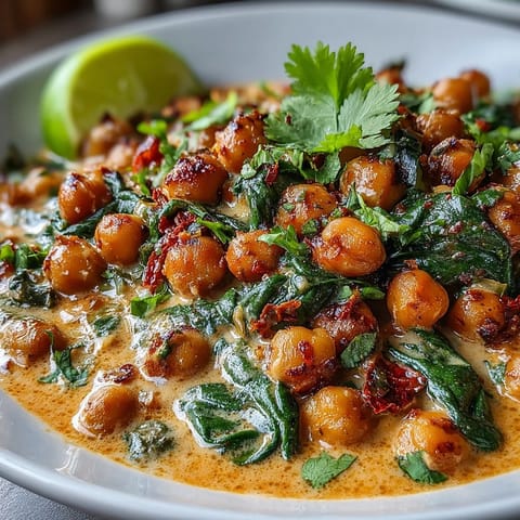 Hausgemachtes, veganes Kichererbsen-Curry, voller Gewürze und Garnelen.