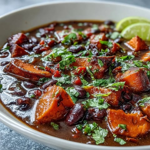 Creamy Sweet Potato and Black Bean Soup topped with sliced avocado and lime wedges.