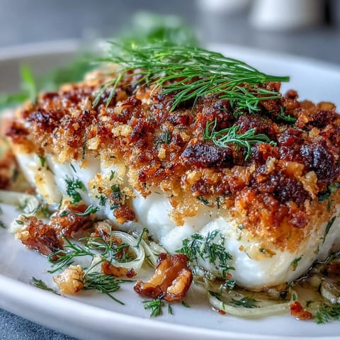 Ein leckerer Baked Halibut mit Fenchel, Zitrone und Walnut Pangrattato wird mit Petersilie garniert.