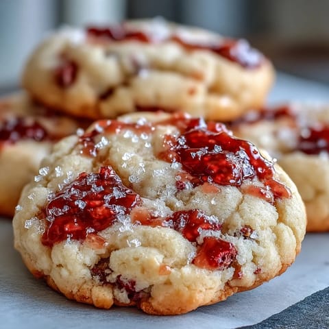Saftige Soft Chewy Raspberry Sugar Cookies mit knusprigen Zuckerrändern und fruchtigen Beerensplittern auf Backblech.