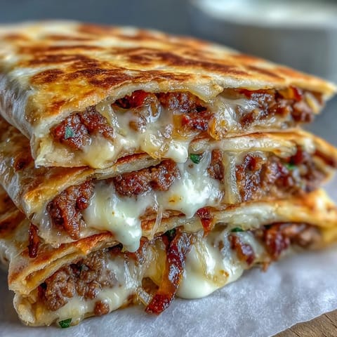 Ein Cheesy Griddled Smashburger Quesadilla wird gerade auf dem Grill knusprig und mit Sauce beträufelt.