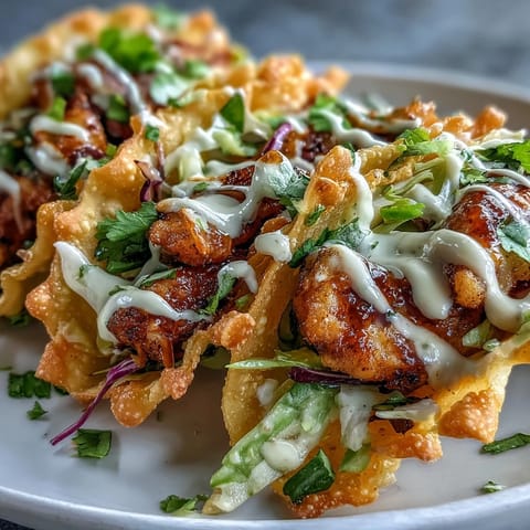 Knusprige Wontons gefüllt mit marinierten Hähnchenbruststreifen und scharfer Sriracha Mayo Sauce
