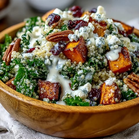 Harvest Kale Quinoa Bowl mit blatterdunkler Kale, würziger Zitronen-Tahini-Sauce und süßen Cranberries.