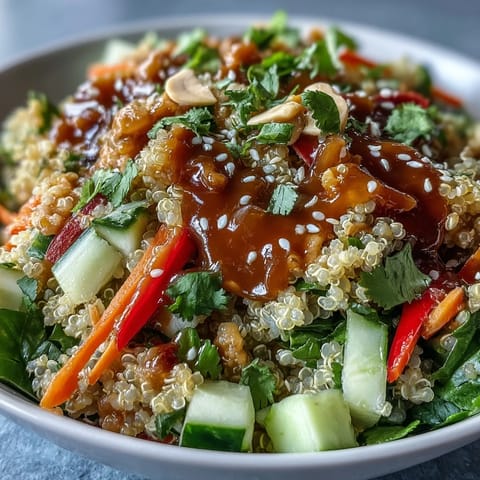 Colorful Thai Coconut Quinoa Bowl topped with crunchy vegetables and cilantro, served in a white ceramic bowl.