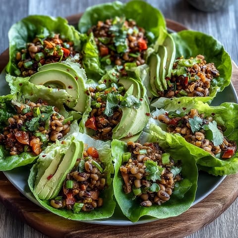 Frische Black-Eyed Pea Lettuce Wraps mit gewürzten Erbsen, buntem Gemüse und stückigem Avocado-Topping auf knackigem Salat.