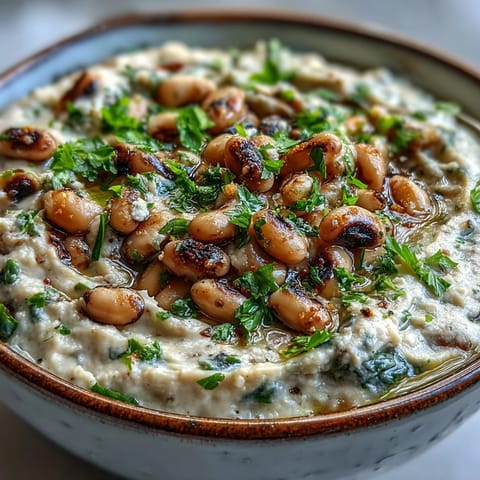 Creamy Smashed Black-Eyed Peas served with pita chips and fresh vegetable sticks, perfect for a healthy appetizer spread.