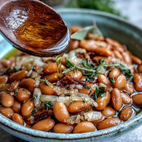 Gedünstete Pinto Bohnen mit Lorbeerblättern und Olivenöl, serviert warm mit frischen Kräutern im Schälchen.
