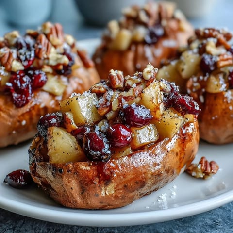 Goldbraun gebackene Cranberry Apple Twice Baked Sweet Potatoes mit Ahornsirup und zarten Thymianblättern.