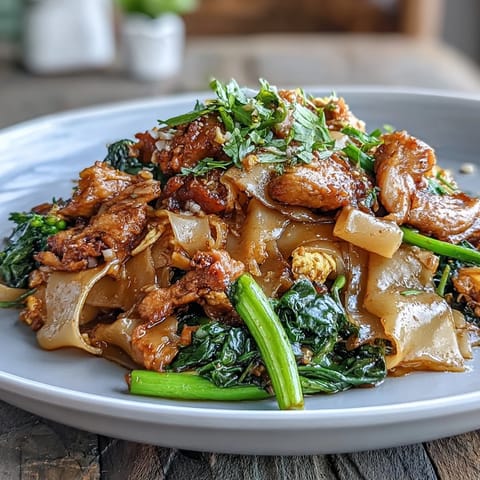 Plattierte Reisnudeln in soßiger Wok-Pfanne mit Hähnchen und Gai Lan