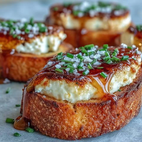 Hot Honey Goat Cheese Crostini mit knusprig geröstetem Baguette, würziger Honigglasur und frischen Kräutern nach US-Rezept.