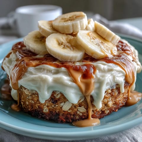 Golden-baked High-Protein Breakfast Pizza Bowl with fluffy pancake base and creamy Greek yogurt