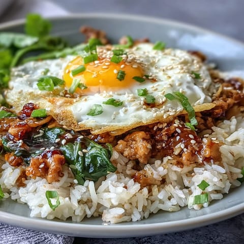 Cremige koreanische Truthahnrise Pfanne mit glasierter Sauce und knusprigem Gemüse auf einem Tellerrand