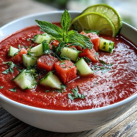 Frischer Vegan Watermelon Mint Gazpacho mit Gurke und Limone in einer Schale, garniert mit Würfeln und Minzblättern.