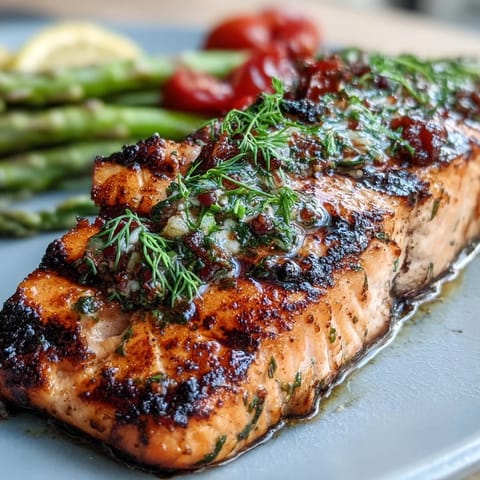 2. Gesundes Grillgericht: Lachsfilets mariniert in Zitrone und Kräutern, zusammen mit frischem Spargel und Tomaten.  