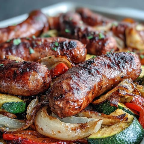 Saftige italienische Würstchen mit gerösteten Paprika und Zucchini auf einem Blech für ein einfaches, aromatisches Gericht.  