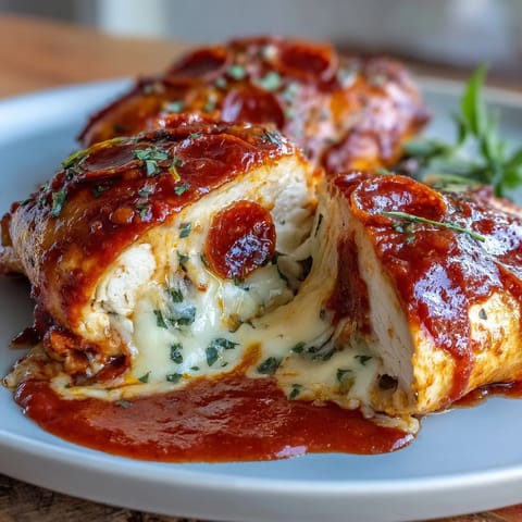 1. Saftige Hähnchenbrüste gefüllt mit geschmolzenem Mozzarella, würzigem Peperoni und Marinara-Sauce in einer Pfanne gebraten für ein schnelles, kohlenhydratarmes Abendessen.  