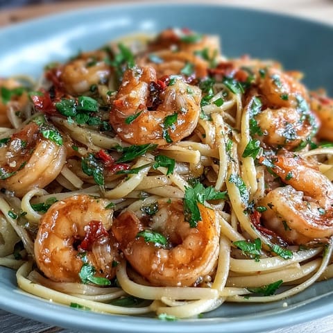 Chili-Garlic-Garnelen-Linguine in einer scharfen Knoblauch-Chili-Öl-Sauce, mit frischer Petersilie und Zitronenzesten garniert.