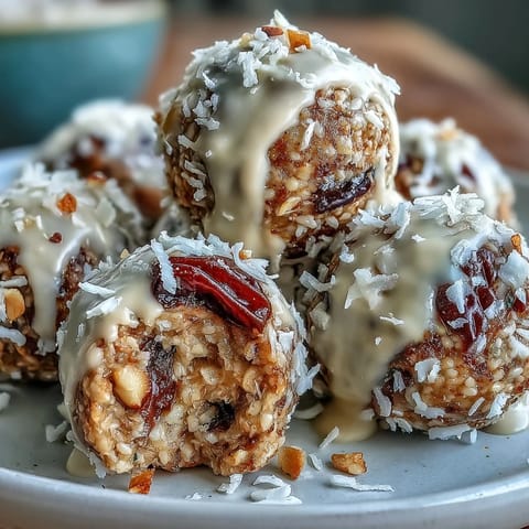1. Tahini-Dattel-Energiebällchen: cremige, süße Bissen mit Kokosraspeln, perfekt für einen proteinreichen Snack unterwegs.