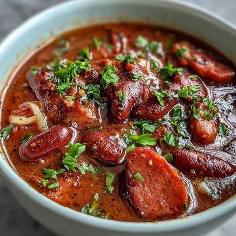 Dampfender Teller mit Schinken-Rotbohnen-Suppe, garniert mit grünen Zwiebeln und Petersilie.  
