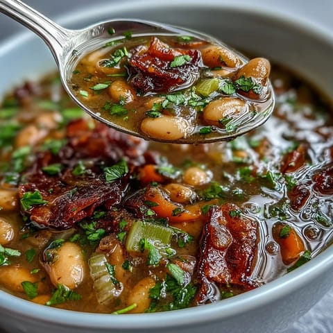 Eine dampfende Schale mit herzhafter Bohnensuppe mit Schinkenknochen und rauchigem Paprika, perfekt für kalte Tage.