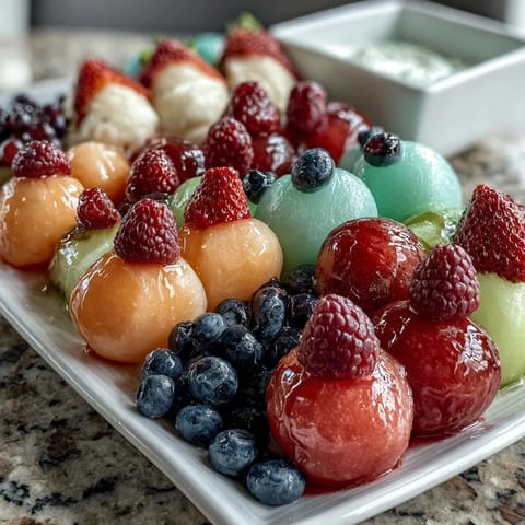 1. Ein farbenfroher Fruchtteller mit Honig-Limetten-Dip, perfekt für Sommerfeste und Brunchs.  