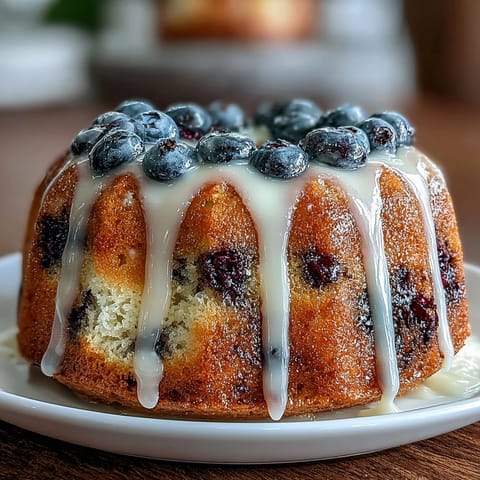 1. Mini Lemon Blueberry Sourdough Bundt Cakes mit goldener Kruste und frischen Blaubeeren, übergossen mit glänzendem Zitronenguss.