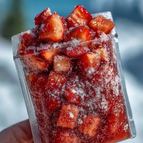 Ein erfrischendes Glas Strawberry Pineapple Daiquiri in einem gefrorenen Beutel, perfekt für Sommerpartys.  