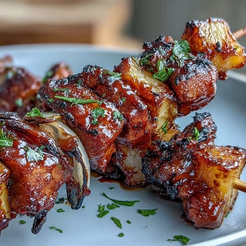 1. BBQ Chicken Pineapple Kebabs mit roter Zwiebel auf dem Grill, goldbraun glasiert und bereit zum Servieren.