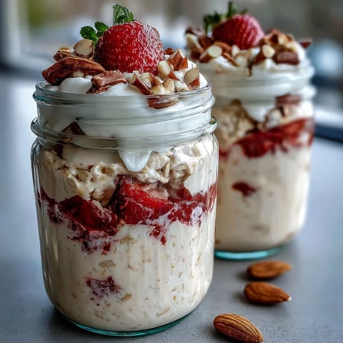Erdbeer-Protein-Overnight-Oats mit cremigen Haferflocken, frischen Erdbeeren und einem Hauch Vanille-Proteinpulver.
