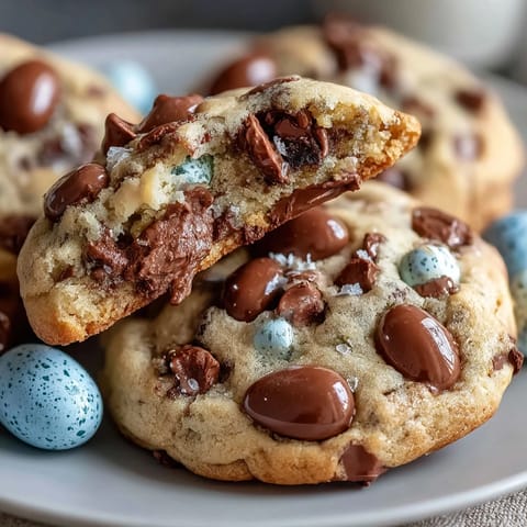 Bunte, weiche Kekse mit Cadbury Mini Eggs und Schokoladenstückchen, perfekt für den Osterbrunch.