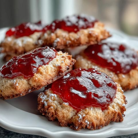 Frische Erdbeer-Marmeladen-Thumbprint-Kekse mit leuchtend roter Füllung auf einem rustikalen Backblech.