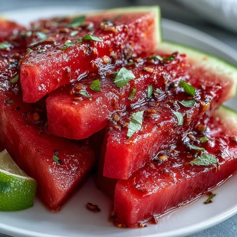 Würzige Wassermelonen-Scheiben mit Tajin und Limette – perfekt für heiße Sommertage.  