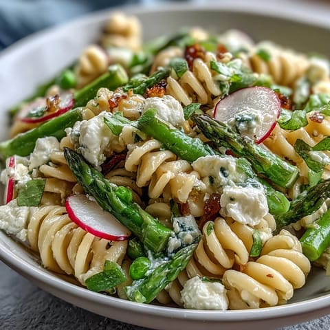 Frischer Nudelsalat mit knackigen Radieschen und Zitronenvinaigrette in heller Schüssel.