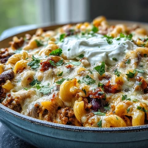 Baked Ranch Turkey Chili Mac mit knuspriger Käsekruste und Koriander in einer Ofentasse