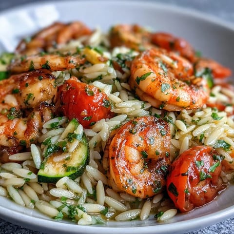 Saftige Zitronen-Garneelen mit zartem Orzo in einer Pfanne gebraten.