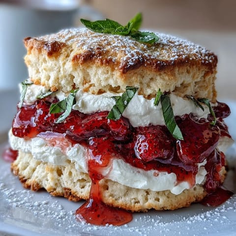 Saftige Erdbeer-Basilikum-Shortcake-Biskuits mit leckerer Schlagsahne und Zitrus.