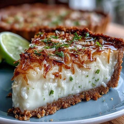 Erfrischender Kokos-Limetten-Kuchen mit knackiger Graham-Cracker-Kruste, garniert mit Kokosflocken.