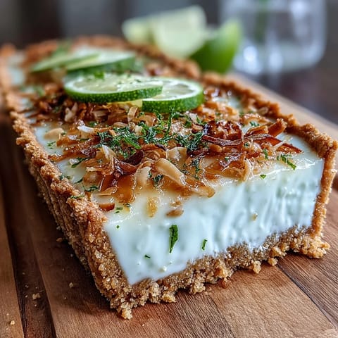 Cremiger Kokos-Limetten-Kuchen mit Zitrusnote auf goldbrauner Graham-Cracker-Basis für heiße Tage.