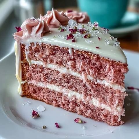 Festlicher Rosé Velvet Cake, mit fließendem goldenem Zuckerguss dekoriert.