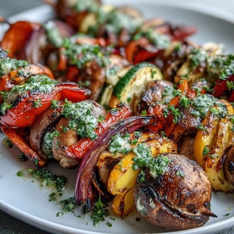 Unsere perfekten Grilled Veggie Kabobs mit lebendiger, frischer Chimichurri glänzen auf jedem Teller.