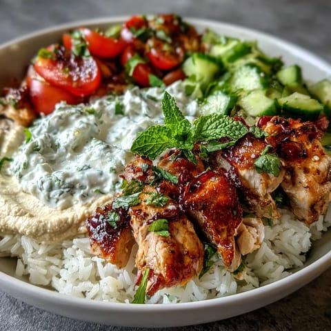 Bunte griechische Hähnchenschüsseln mit cremigen Tzipzi und Hummus auf Reis.