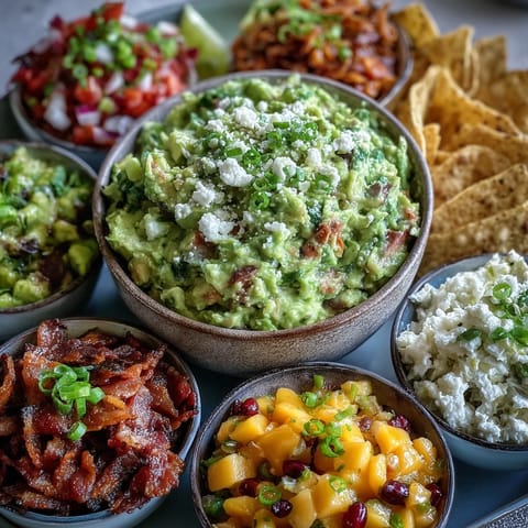 Festliches Guacamole-Buffet mit bunten, frischen Toppings für jede Party.