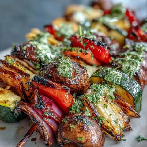 Bunte gegrillte Gemüse-Spieße mit würziger, hausgemachter Chimichurri-Sauce, leicht rauchig.
