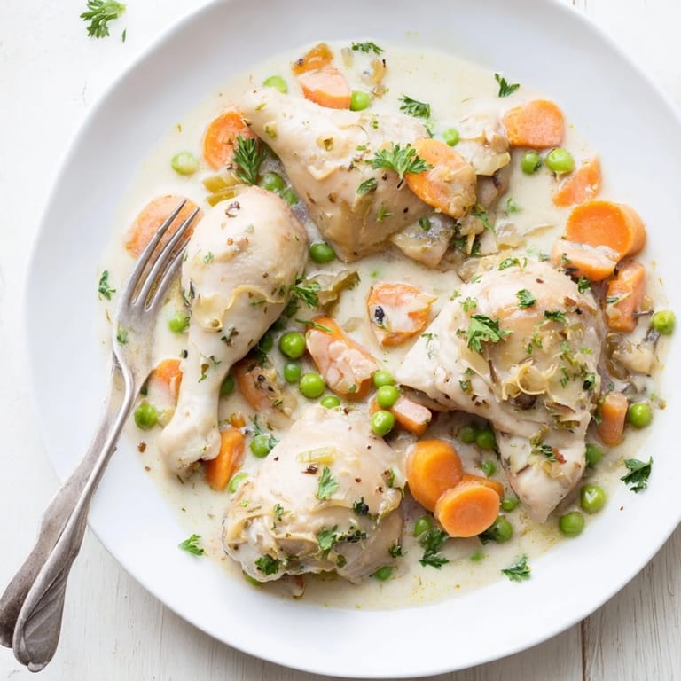 Hühnchenfrikassee mit erbsen und karotten, perfekt für ein gemütliches Abendessen  