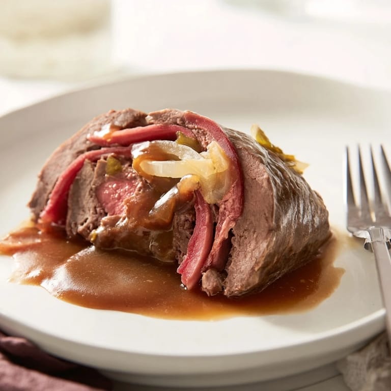 Klassische Rinderrouladen mit herzhaftem Gravy, perfekt für ein gemütliches Abendessen.