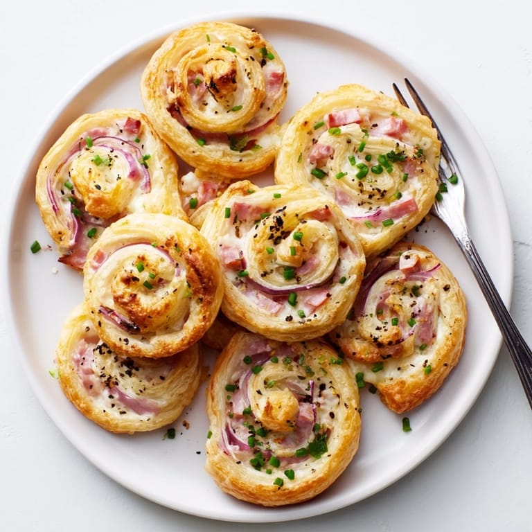 Würzige Ham and Cheese Pinwheels mit cremigem Käse und frischen Kräutern.  