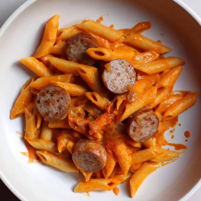 One-pot Currywurst Pasta, a comforting dish with curry spices, is garnished with fresh parsley.