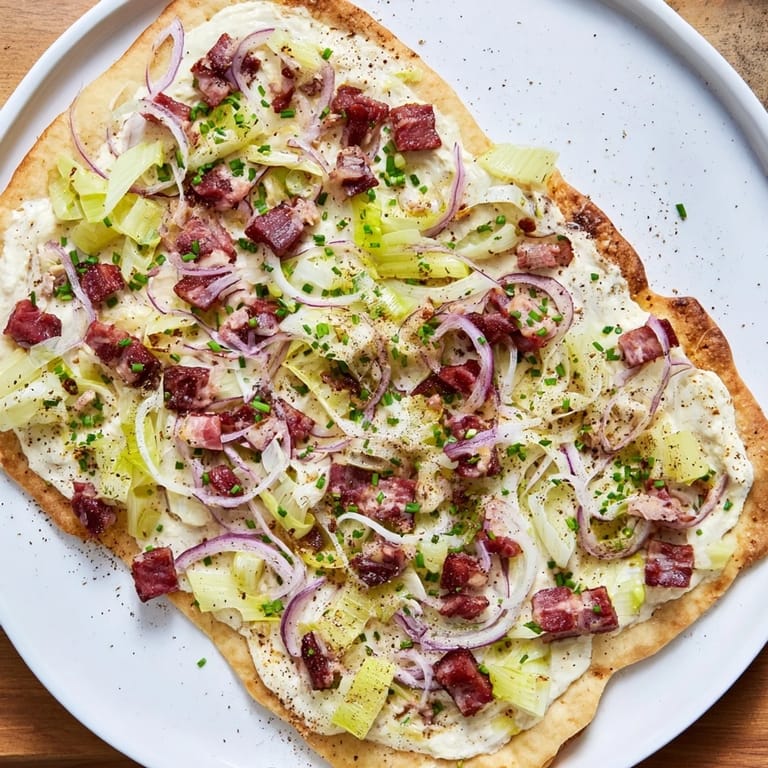 Golden, bubbly Sheet-Pan Flammkuchen, showcasing bacon and leeks atop creamy, savory flatbread.